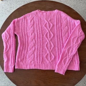 Cold Snap! High Neck Barbie Pink Chunky Oversized Woven Cable Rope Sweater